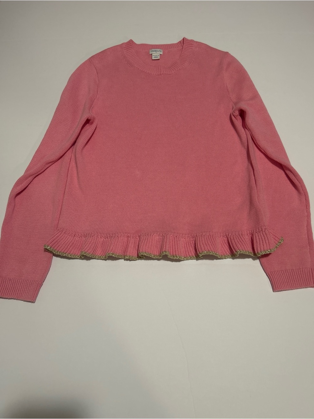 Crewcuts by J.Crew Girls XXL (15-16) Pink Ruffle Hem Sweater Metallic Gold Trim